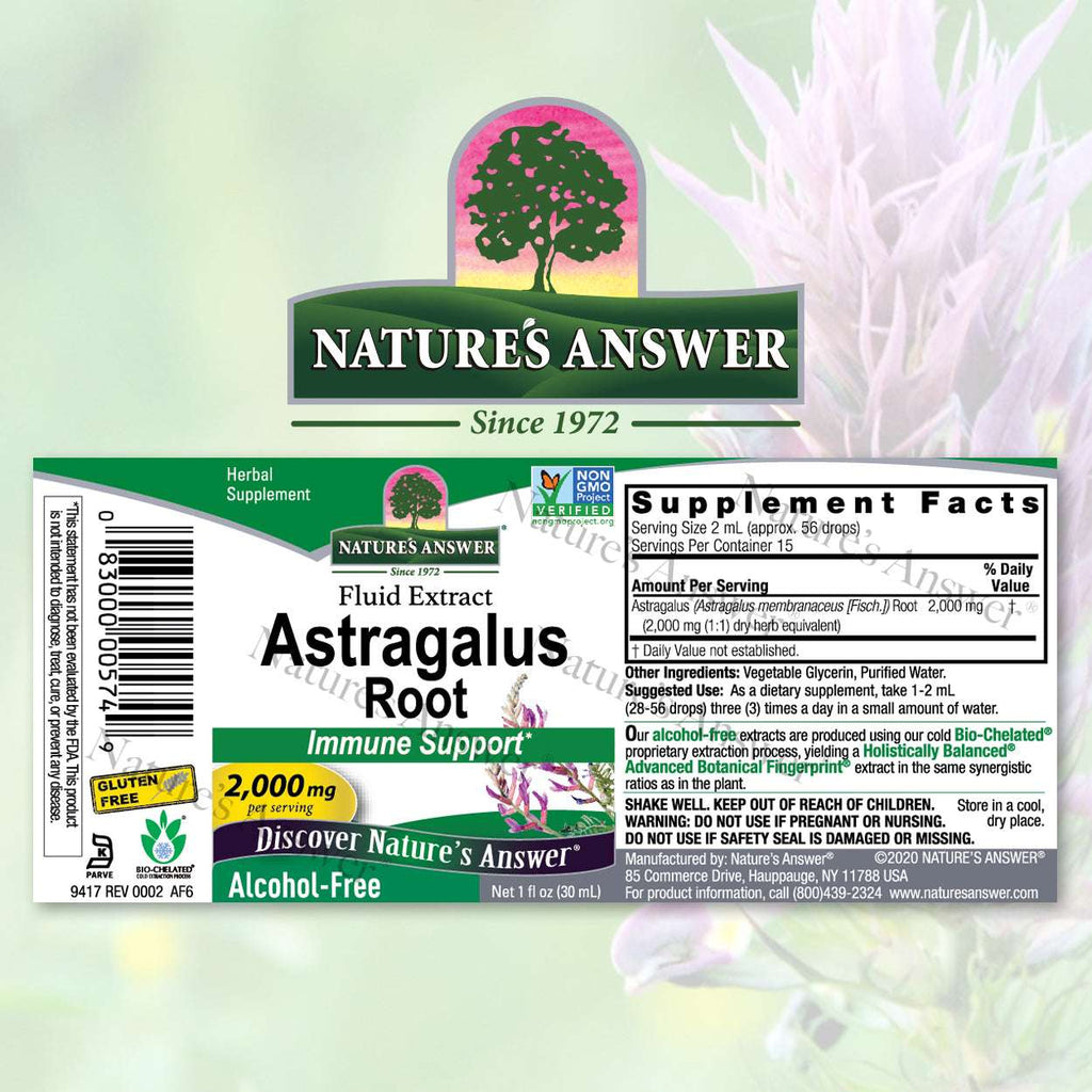 Green Vitality Astragalus alcoholvrije tinctuur Nature's Answer Kaardeshop etiket