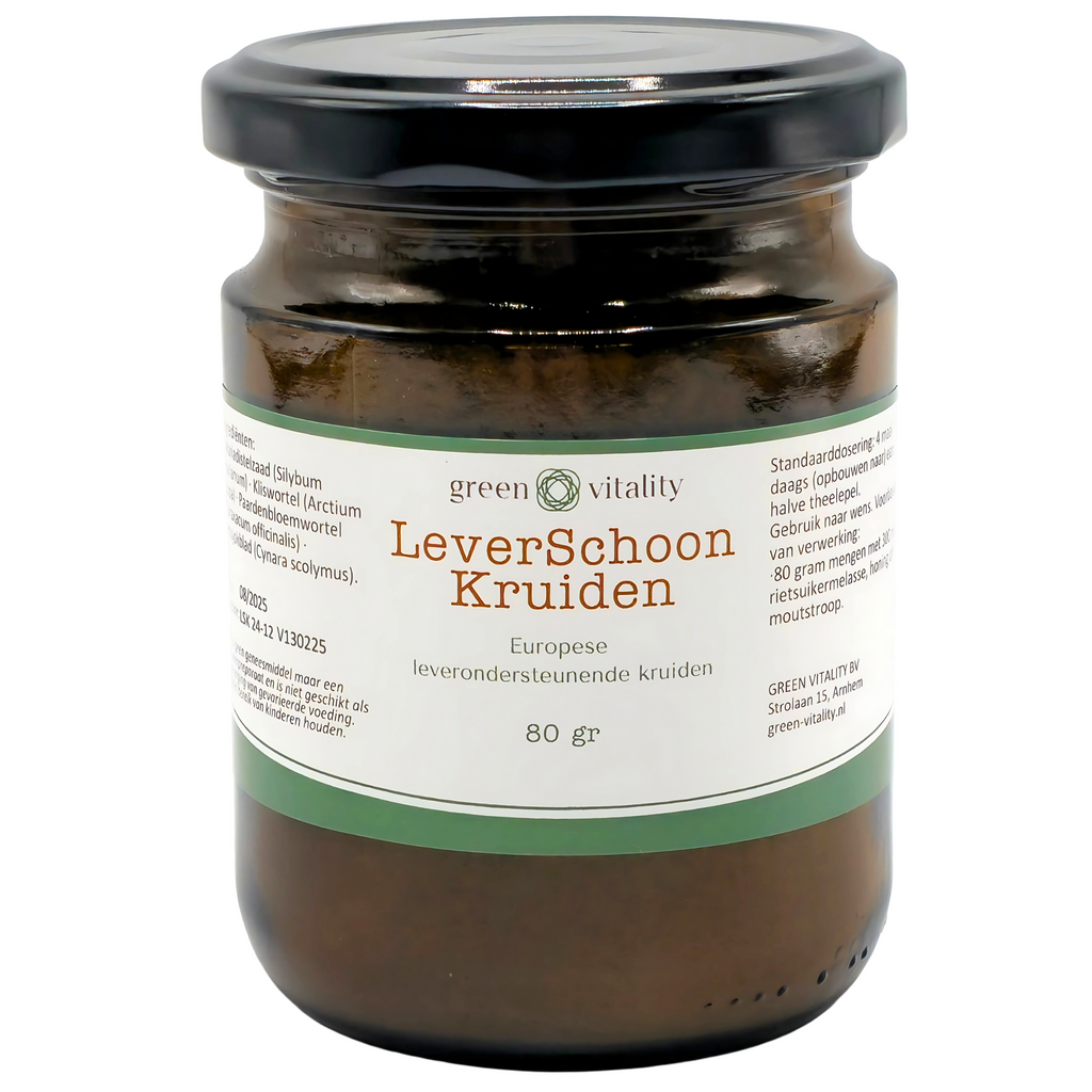 Green Vitality Europese kruiden voor de lever 80 gram in een glazen potje